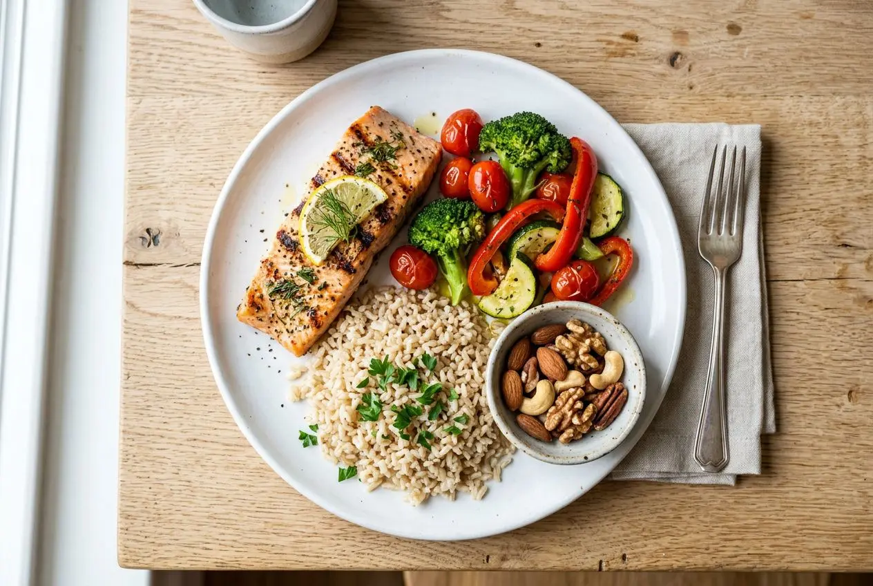 Assiette équilibrée: saumon grillé, légumes rôtis et riz complet, accompagnée d’un bol de noix et d’une simple salade, illustrant les bases de la nutrition.