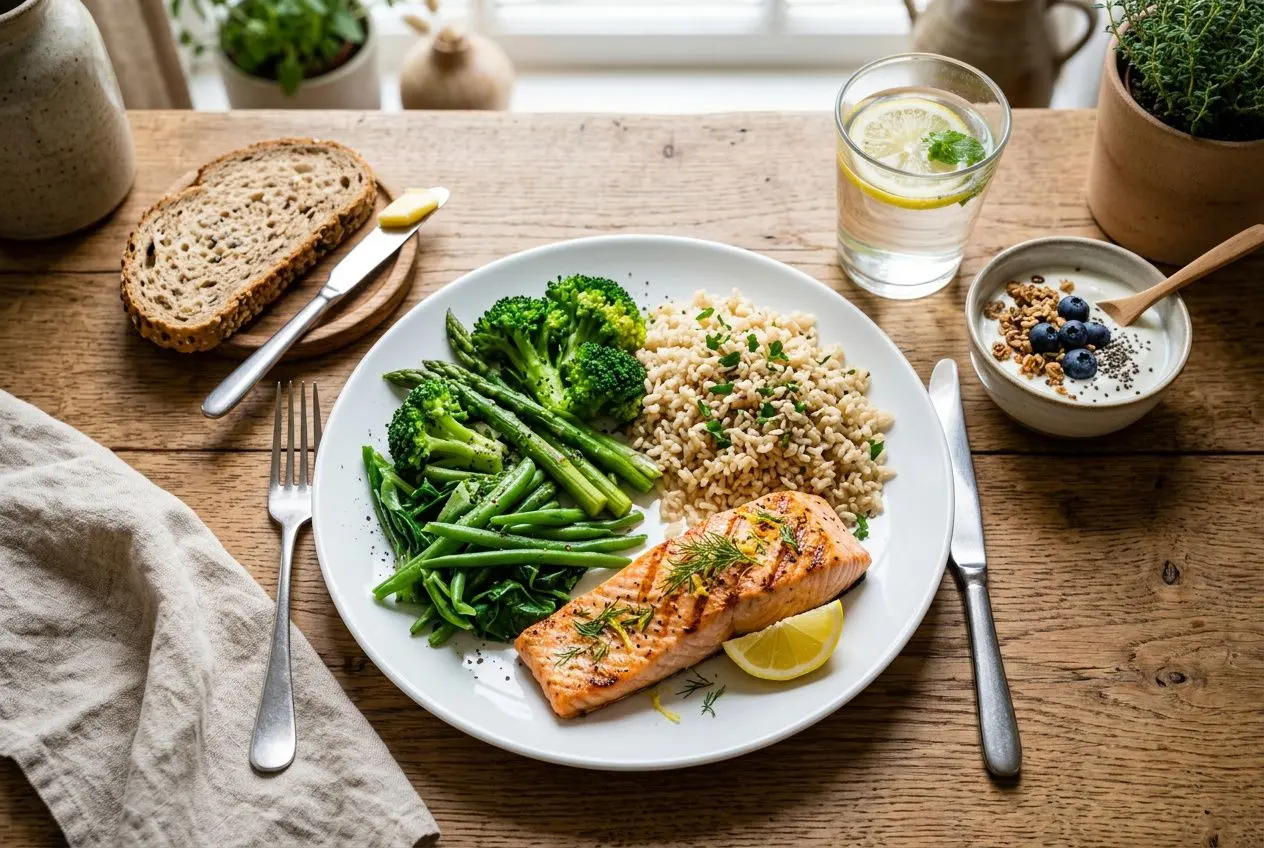 Assiette équilibrée avec saumon grilled, légumes verts et riz, accompagnée d’eau citronnée et yaourt aux fruits sur table en bois. conseils pour manger sainement