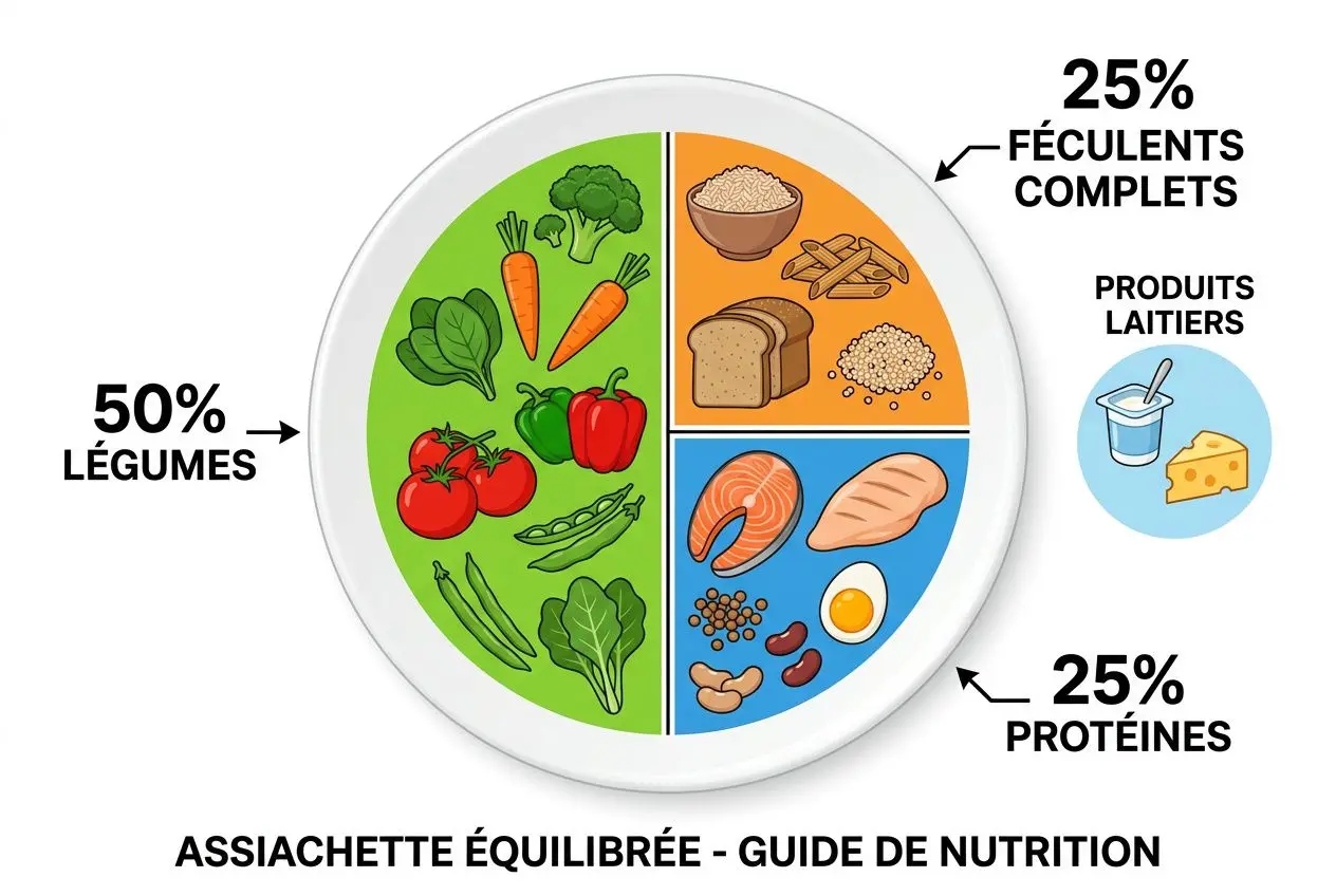 Diagramme d’assiette équilibrée: légumes 50%, féculents 25%, protéines 25%, avec produits lactés à côté. Conseils pour manger sainement intégré.