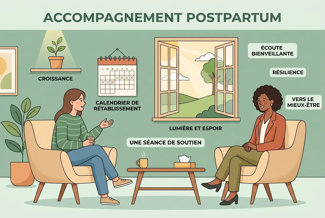 Dialogues et accompagnement post-partum: deux mamans en séance de soutien, ambiance rassurante et espoir, thème témoignage dépression post-partum intégré.