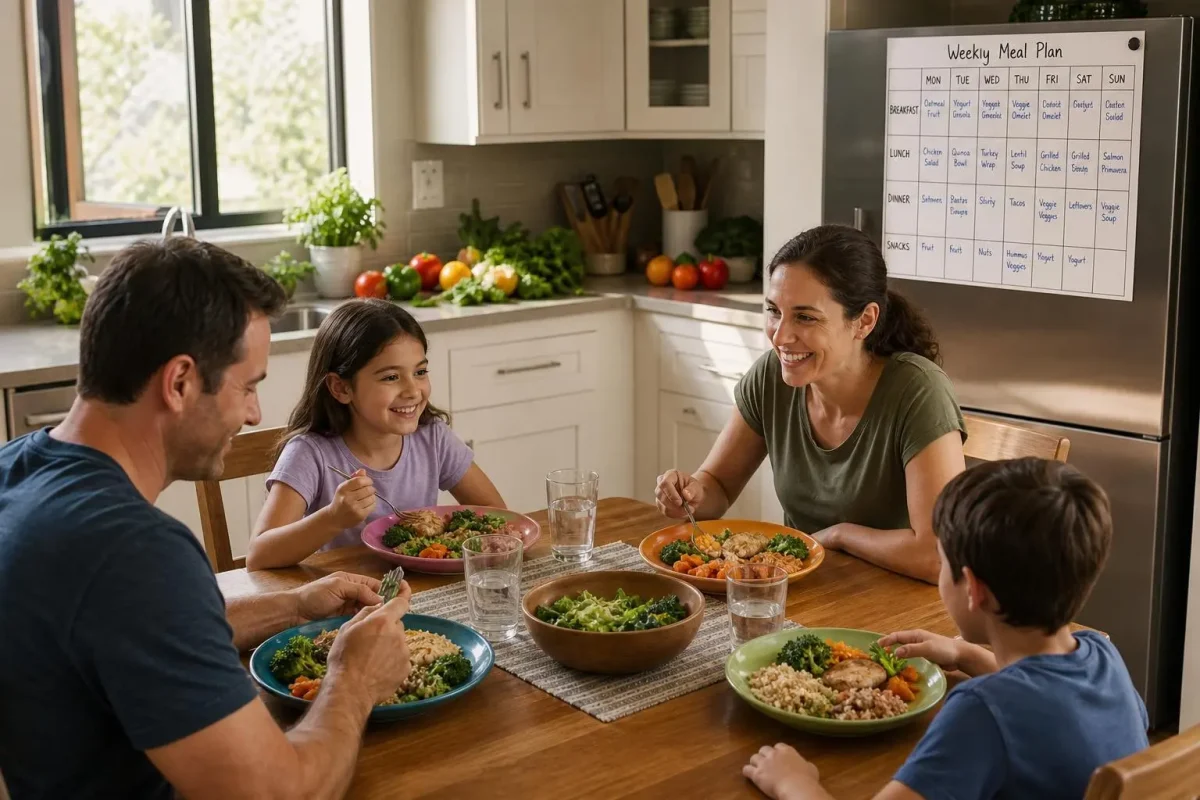 Famille autour de la table en cuisine, repas équilibré partagé, feuillet hebdomadaire sur le réfrigérateur affichant le planning des menus.