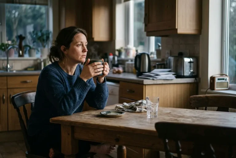 Femme assise à la maison tenant une tasse près de la table, l’air pensif, image évoquant le burn-out parental et l’épuisement lié à la parentalité.