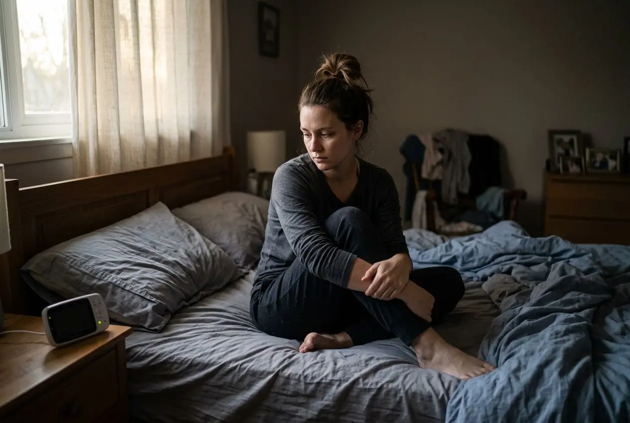 Femme assise sur le lit, l’air épuisé et mélancolique dans une chambre sombre, près d’une fenêtre; radio sur la table de nuit, témoin d’une dépression post-partum.
