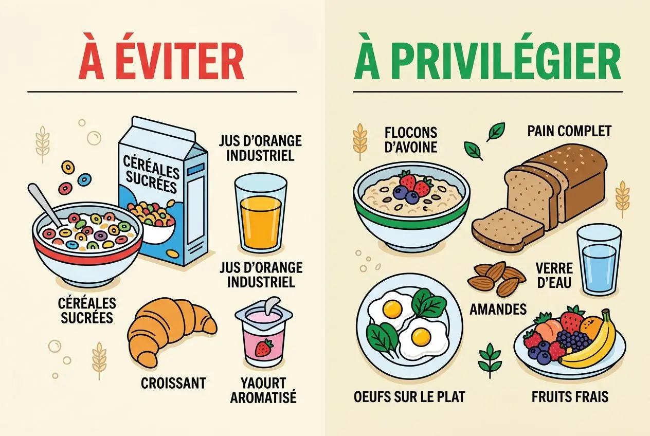 Illustration « À Éviter » et « À Privilegier » montrant petits-déjeuners: à éviter céréales sucrées, jus d’orange industriel, croissant, yaourt aromatisé et boissons industrielles; à privilégier flocons d’avoine, pain complet, verre d’eau, amandes, œufs sur le plat et fruits frais pour un petit déjeuner équilibré adulte.