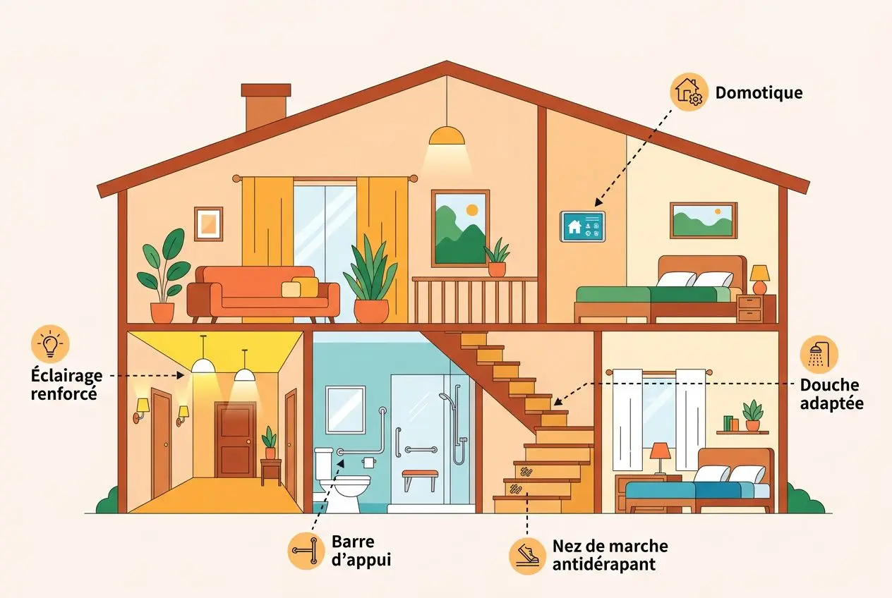 Maison illustrée avec éléments pour bien vieillir en bonne santé: éclairage renforcé, domotique, douche adaptée, barre d’appui, nez de marche antidérapant, meubles confortables et plantes.