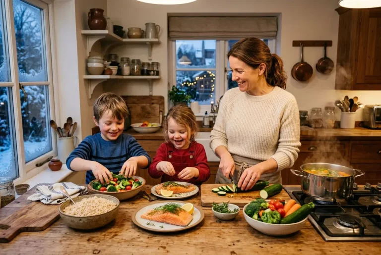 Une mère prépare un repas lumineux en cuisine avec deux enfants qui éminent des légumes, autour de plats sains et colorés. exemple de menu équilibré pour la semaine.