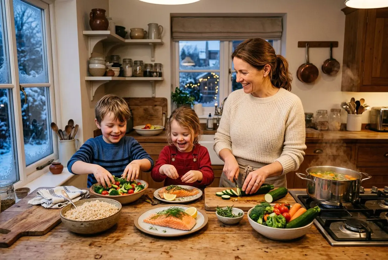 Une mère prépare un repas lumineux en cuisine avec deux enfants qui éminent des légumes, autour de plats sains et colorés. exemple de menu équilibré pour la semaine.