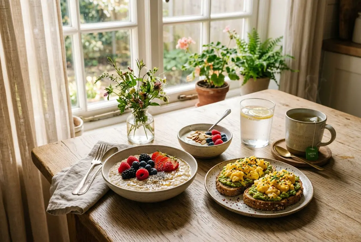 Petit déjeuner équilibré adulte: bol de céréales avec fruits, yaourt et granola, muffins salés à l’avocat sur assiette, verre d’eau et tasse de thé dans une cuisine lumineuse et fleuries.