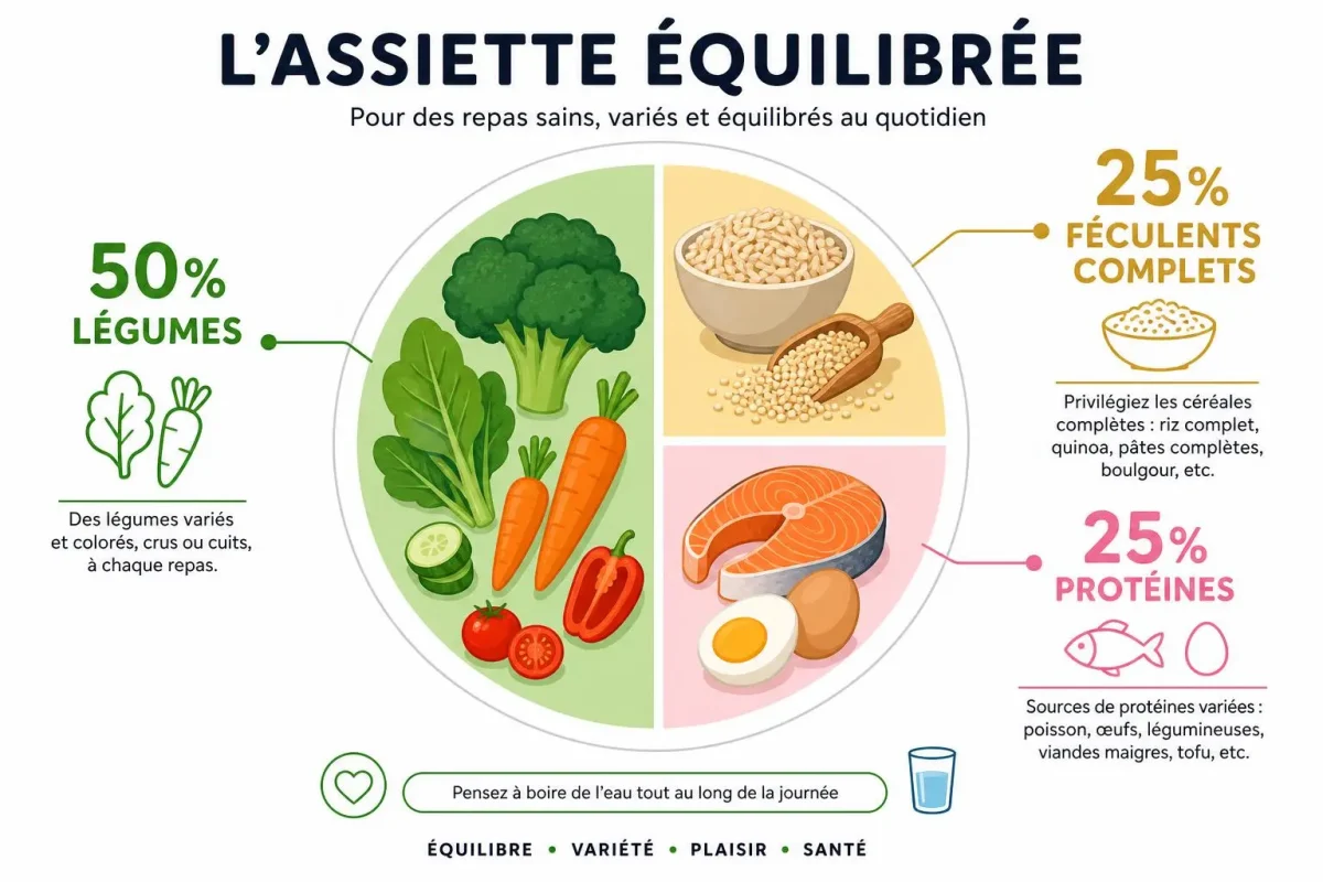 Plan nutritionnel visuel: assiette équilibrée avec 50% légumes, 25% céréales, 25% protéines; légende et conseils santé.