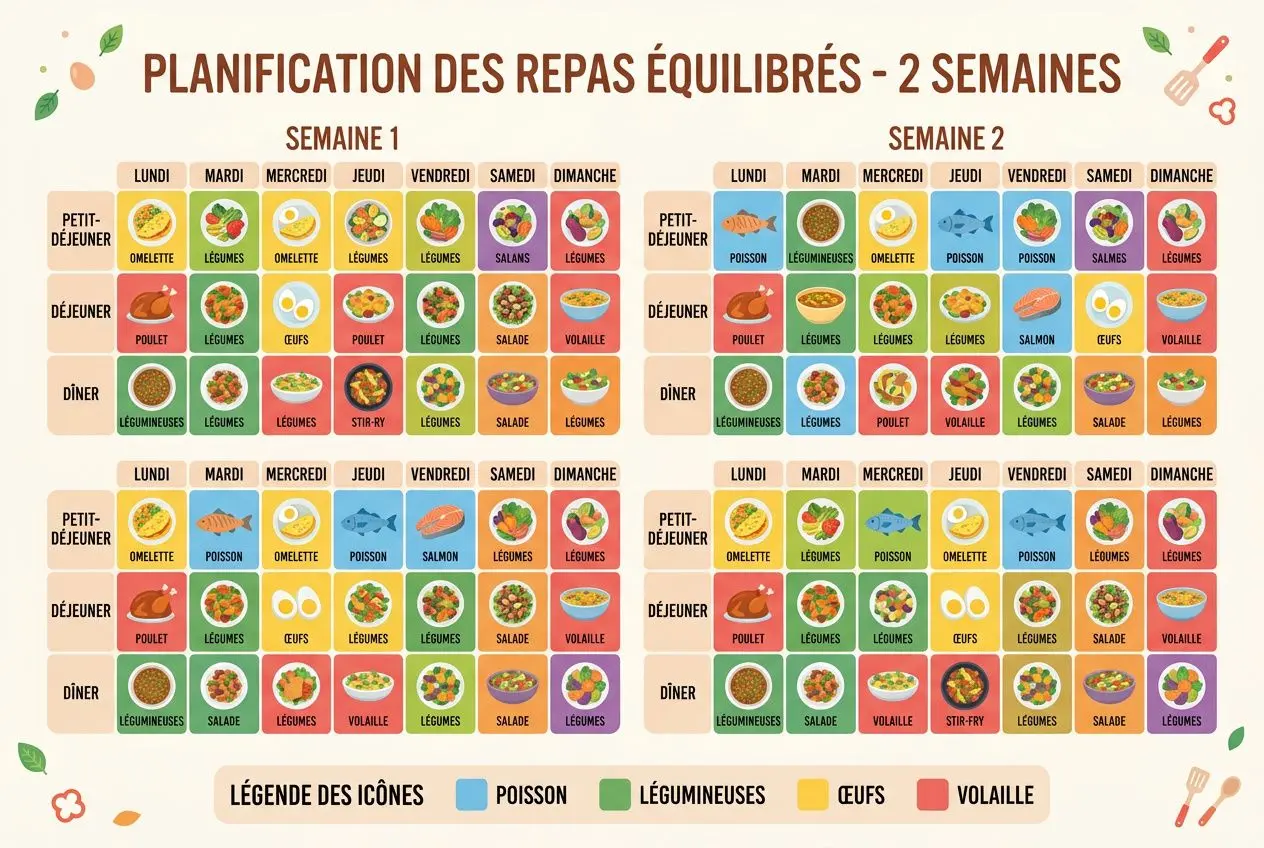 Planification des repas équilibrés sur 2 semaines, semaine 1 et 2, avec petits-déjeuners, déjeuners et dîners illustrés et des icônes représentant poissons, légumes, œufs et volailles pour un exemple de menu équilibré pour la semaine.