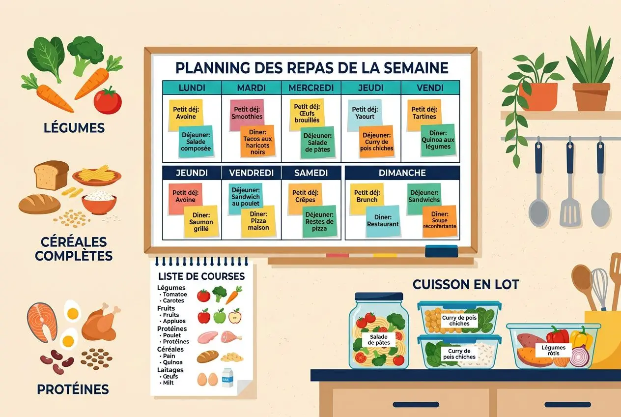 Planification des repas de la semaine avec légumes, céréales complètes et protéines, illustrant des conseils pour manger sainement.