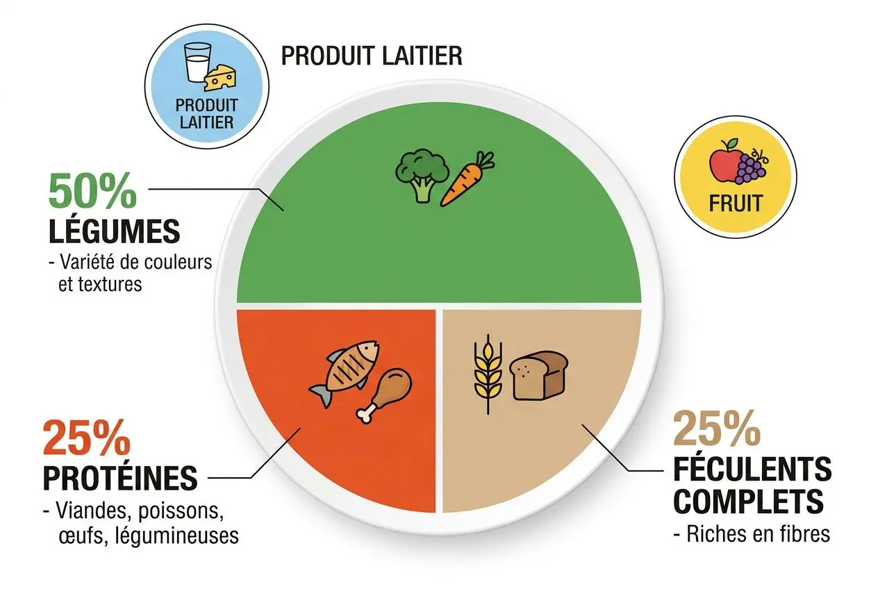 Répartition alimentaire: 50% légumes, 25% protéines et 25% féculents complets, avec symboles fruits et produit laitier. Intègre les bases de la nutrition.
