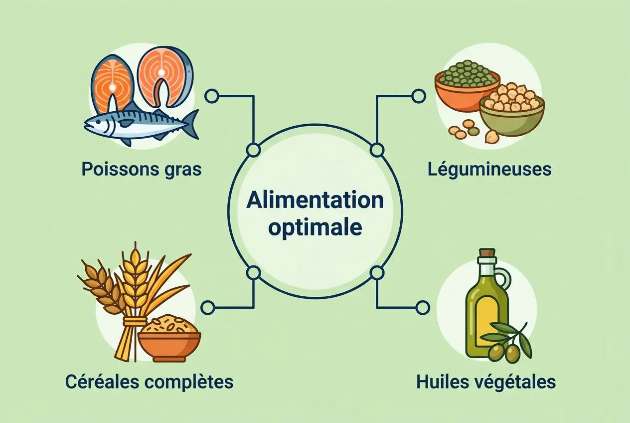 Schéma d’alimentation optimale illustrant les bases de la nutrition avec poissons gras, légumineuses, céréales complètes et huiles végétales.