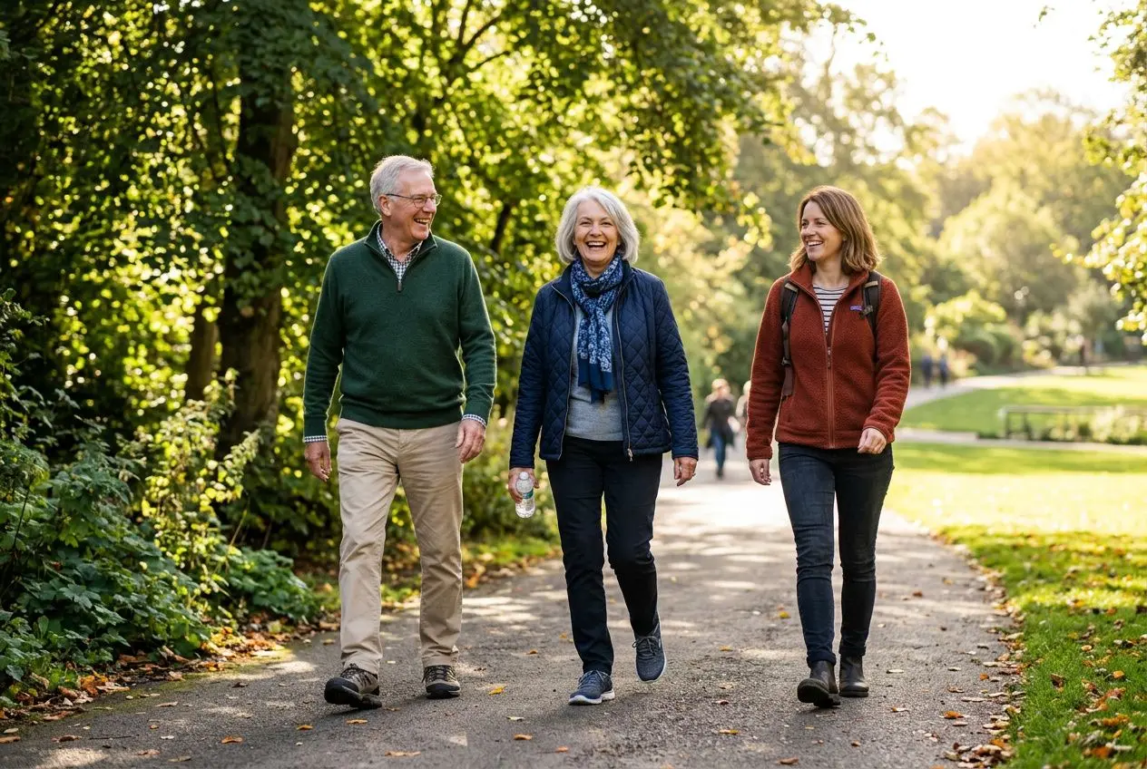 Trois seniors heureux marchant ensemble dans un parc, promesse de bien vieillir en bonne santé et joie de vivre.