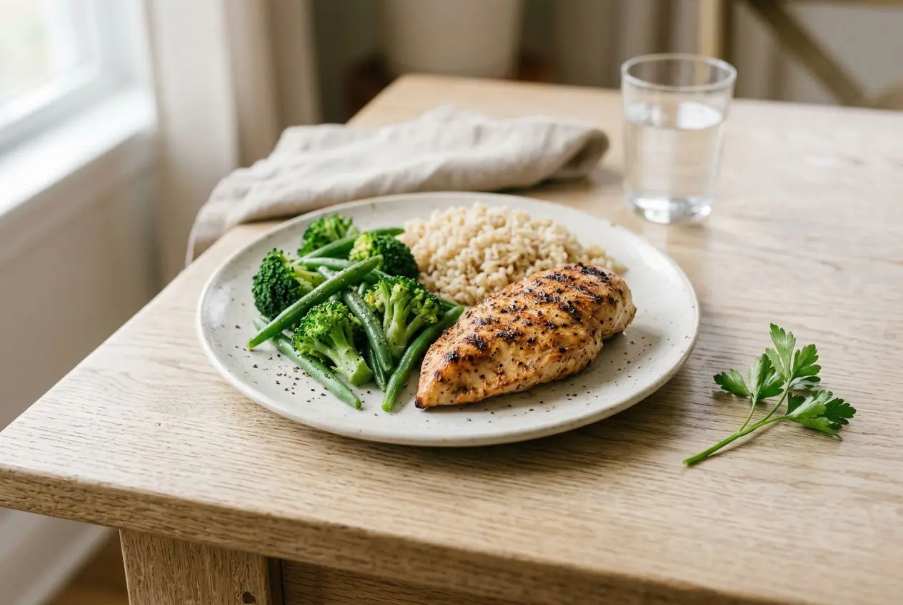 Assiette équilibrée avec poulet grillé, brocoli et riz, accompagnée d’un verre d’eau et d’un brin de persil. anti-fatigue senior est évoqué.