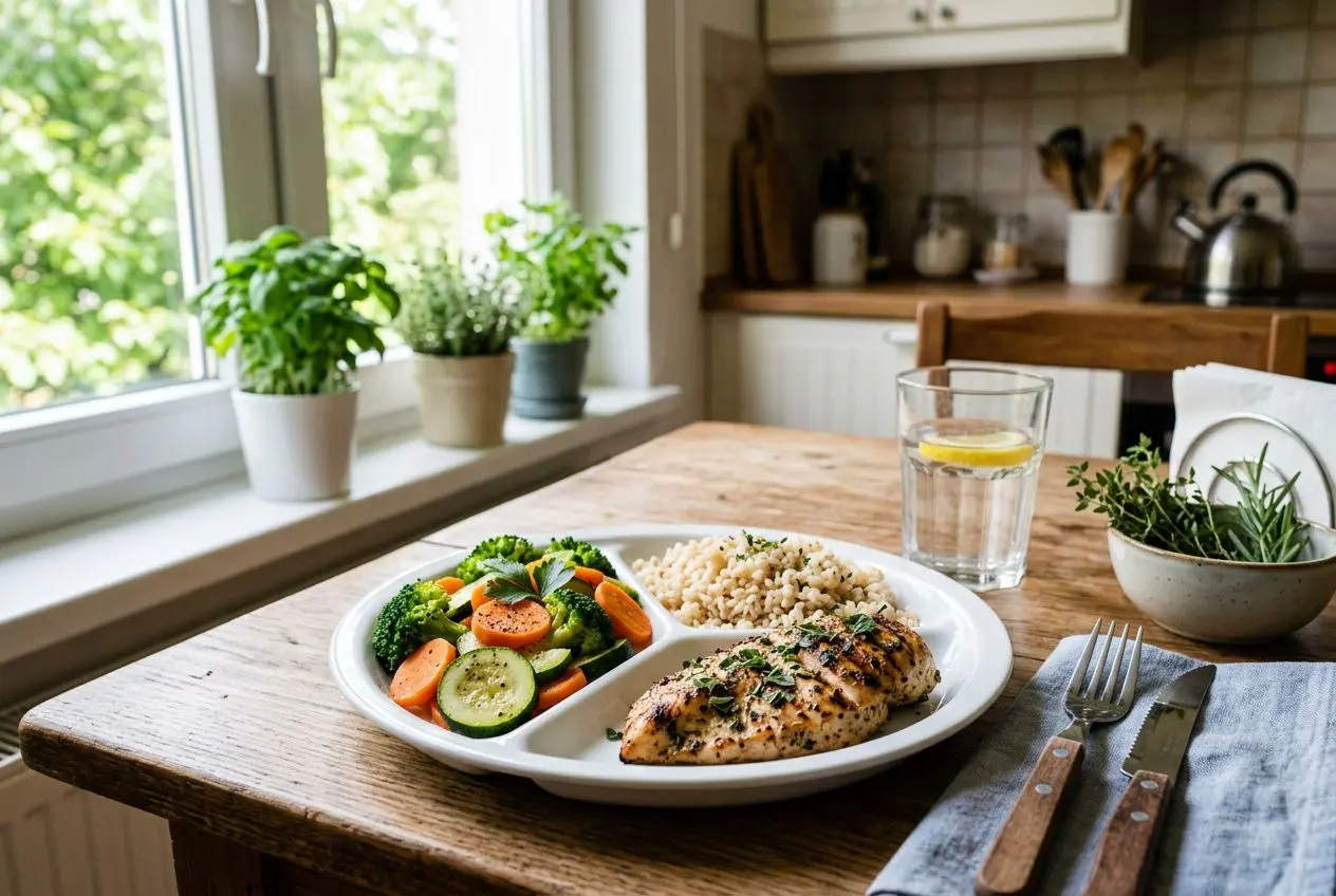 Assiette équilibrée avec poulet et légumes, accompagnée de quinoa, près d’une fenêtre lumineuse, conseil nutrition perte de poids.
