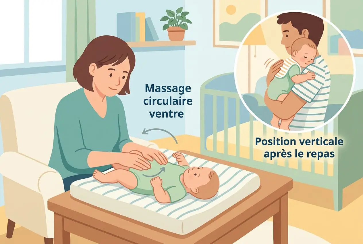 Bébé sur le matelas à langer, une personne effectue un massage circulaire sur son ventre; à droite, un cadre montre une position verticale après le repas pour soulager colique et reflux du nourrisson.