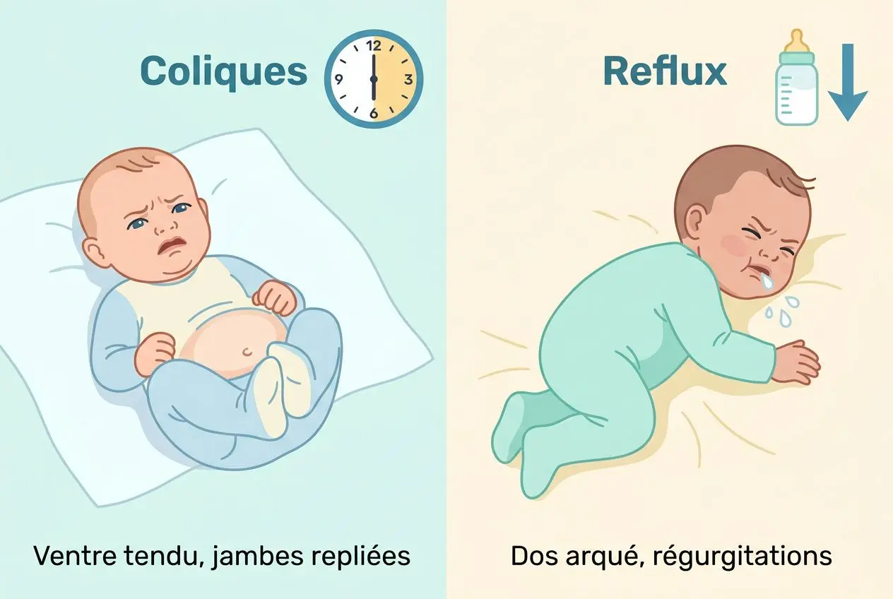 Coliques et reflux du nourrisson: illustration différenciant les deux malaises avec bébé sur un côté, ventre gonflé pour les coliques et bébé couché avec reflux/pleurs.