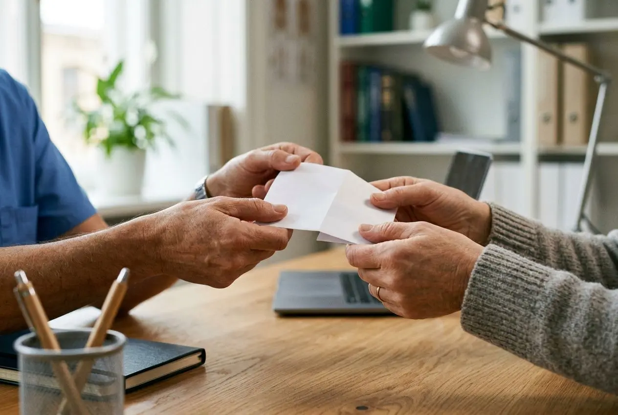 Deux personnes échangent un document sur un bureau, avec ordinateur et lampe en arrière-plan. activité physique adaptée remboursement sécurité sociale.