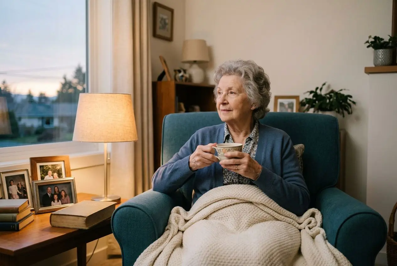 Femme âgée assise dans un fauteuil, tasse à la main, entourée de photos et lampe douce, couleur chaleureux et calme. Ange nuit personne âgée.