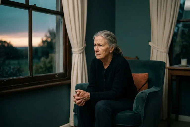 Une femme âgée assise sur un fauteuil, le visage pensif, regardant dehors par une grande fenêtre au crépuscule, ambiance calme et mélancolique. Angoisse du soir personne âgée.