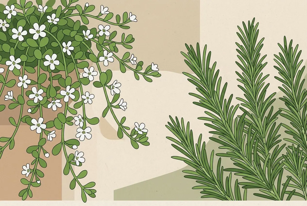 Fleurs et feuillages géométriques: plantes aromatiques et verdure stylisée évoquant la mémoire et la concentration naturelles. 5 plantes pour stimuler la mémoire et la concentration