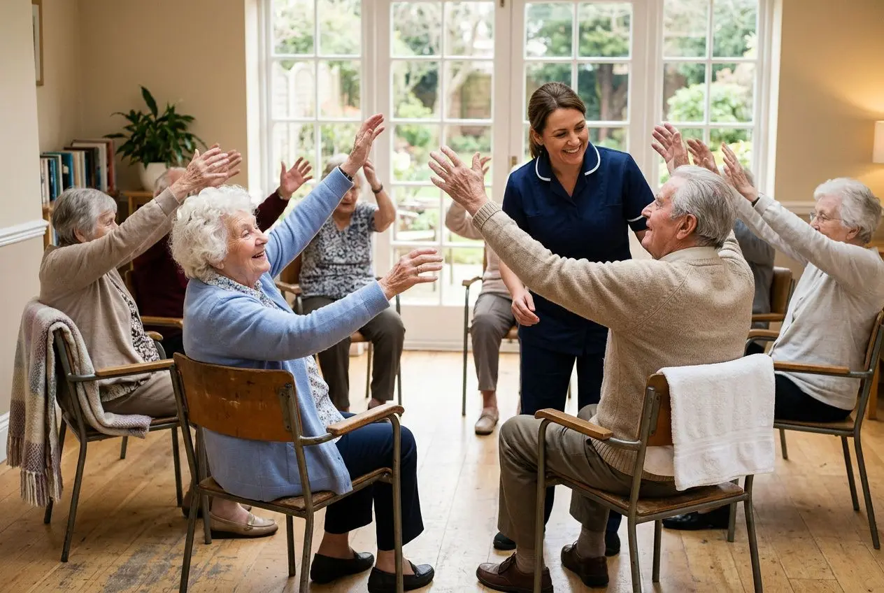 Groupe de seniors en ehpad faisant des exercices simples avec une animatrice, séance d’activité physique adaptée en ehpad.