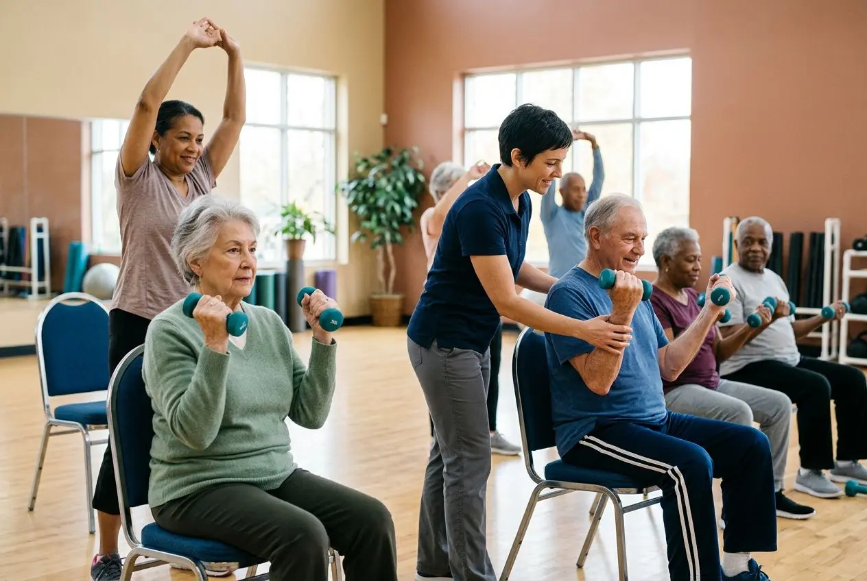 Groupe de seniors en salle, faisant des exercices avec petits haltères guidés par un coach, démonstration d’activité adaptée. activité physique adaptée remboursement sécurité sociale présent.