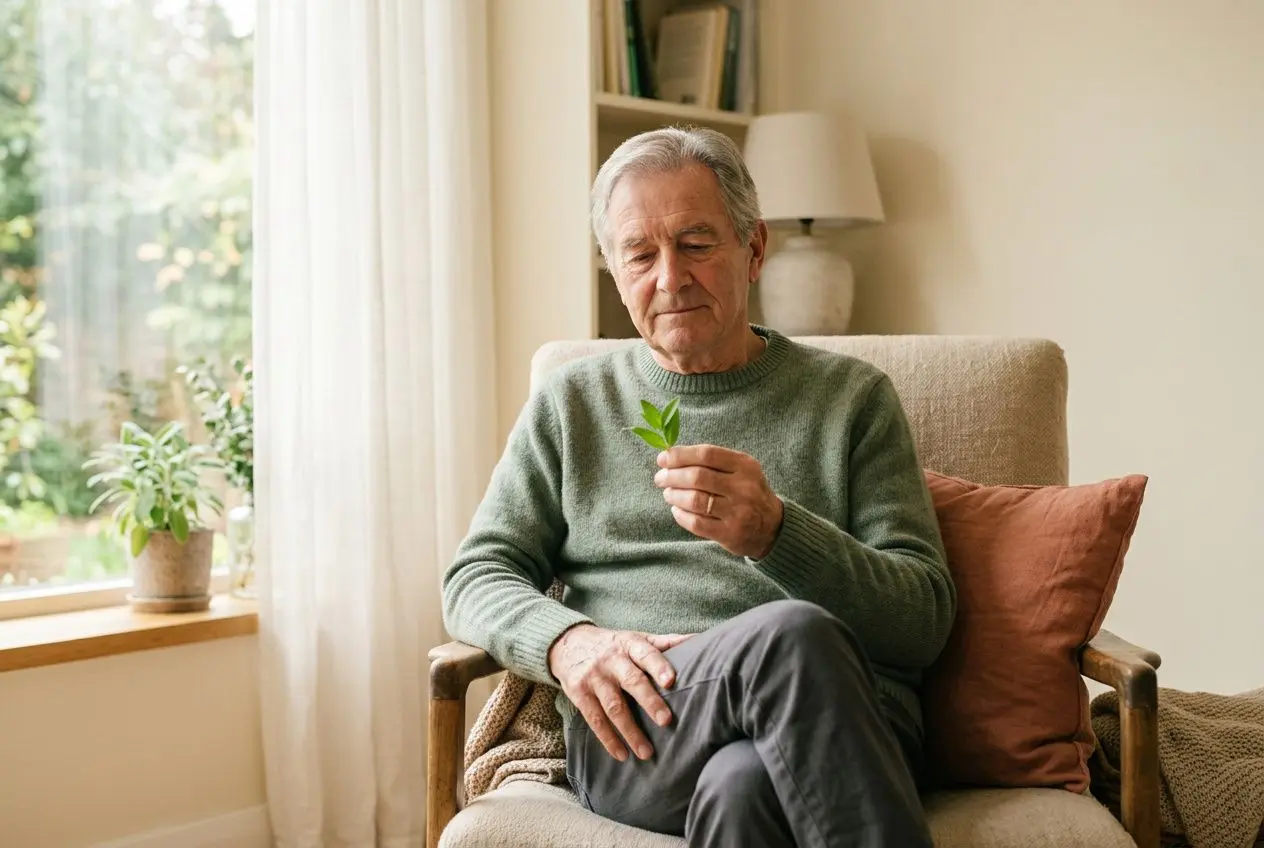 Homme sénior assis dans un salon, tenant une petite plante verte, ambiance calme et lumineuse. anti-fatigue senior transforme la fatigue en vitalité.