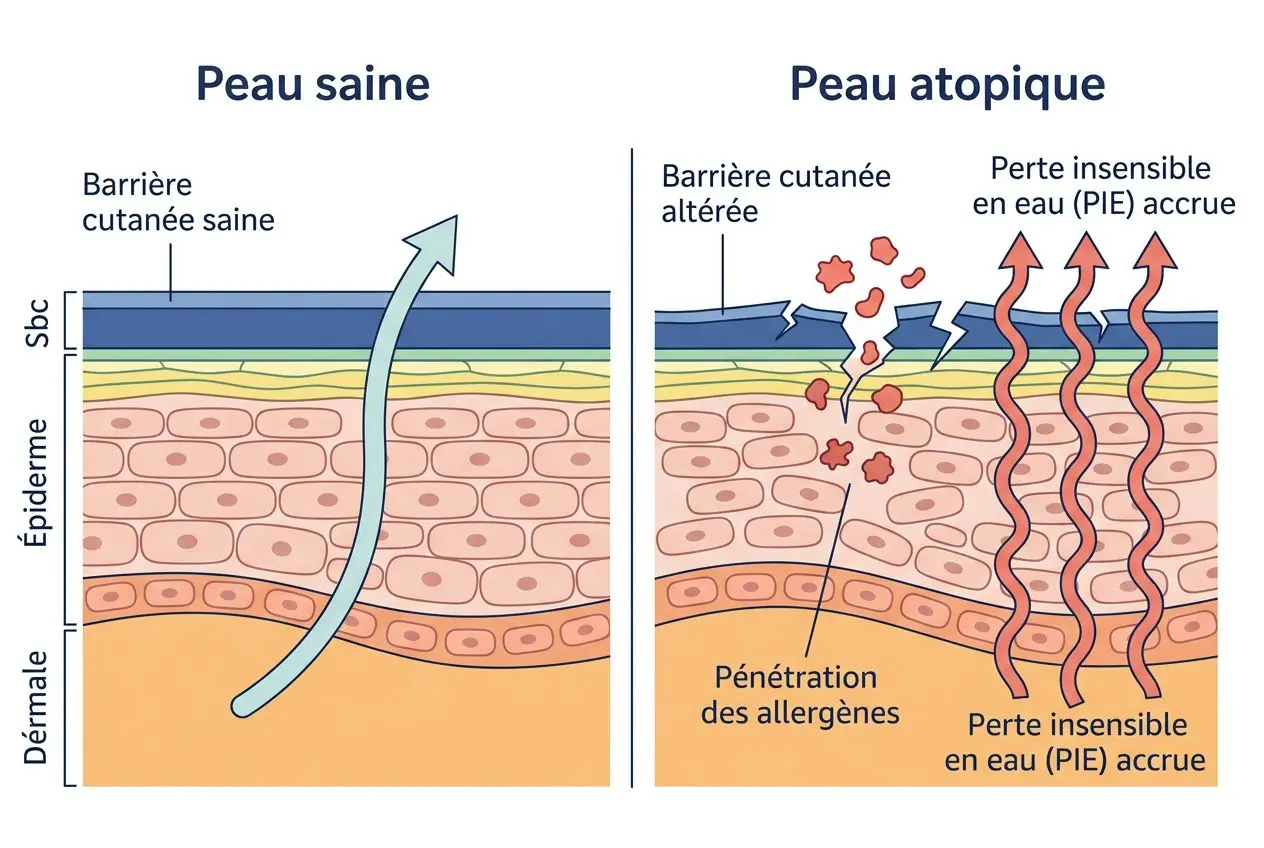 Illustration comparant peau saine et peau atopique chez le nourrisson: barrière cutanée altérée et perte d’eau accrue, signe d’eczéma du nourrisson : causes probables.