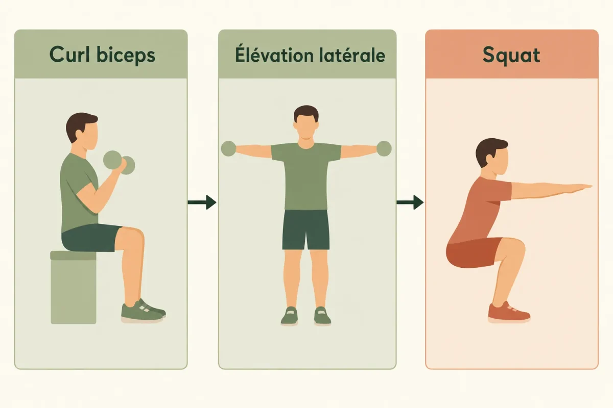 Illustration séquentielle d’une progression d’“activité physique adaptée exercices” : curl biceps avec haltères, élévation latérale et squat, gestes simples et sécurisés.
