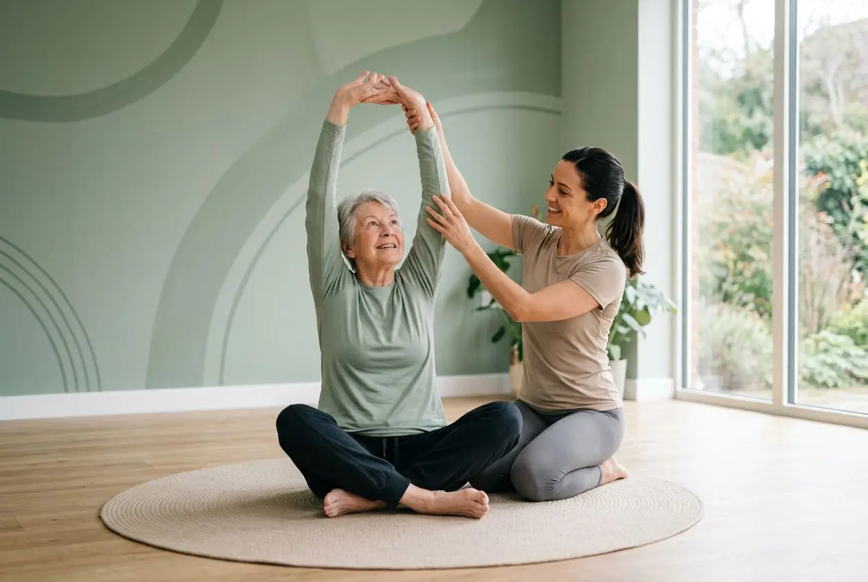 Personne âgée s'entraîne avec une accompagnatrice sur un tapis rond, étire les bras en l’air pour une activité physique adaptée exercices.