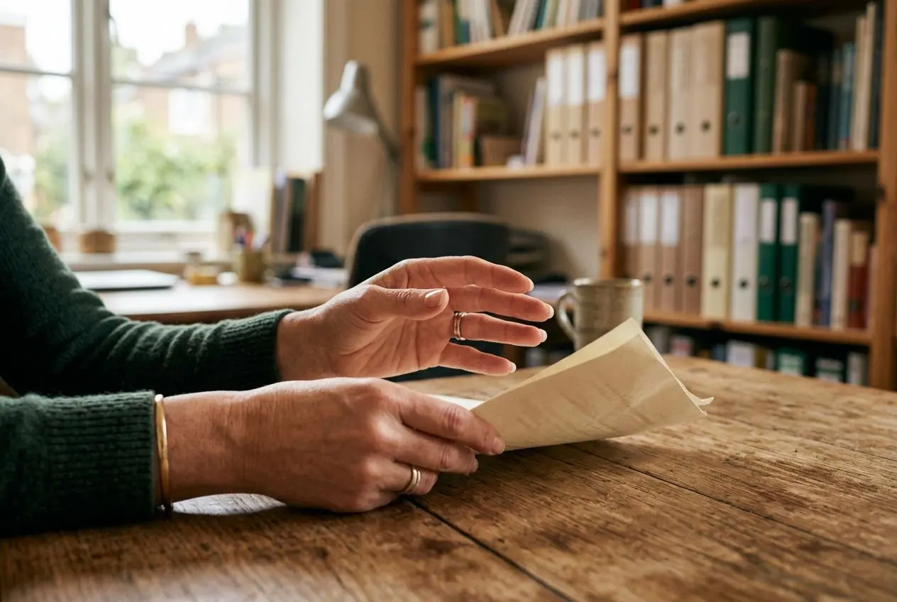 Personne tenant et examinant un formulaire sur une table en bois, dans un bureau study avec étagères et lumière naturelle. activité physique adaptée remboursement sécurité sociale mentionnée.