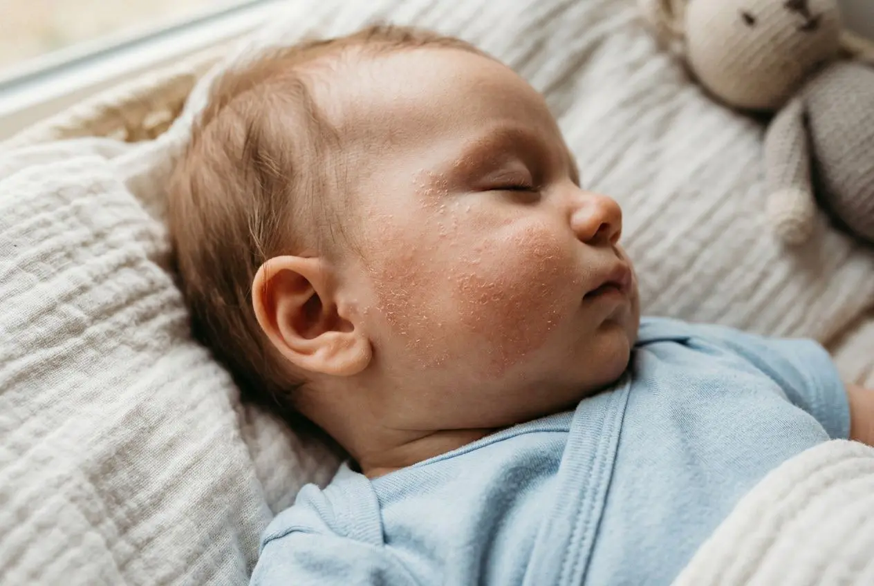 bb bébé avec rougeurs et squames sur la joue, éruption possible liée à l'eczéma atopique du nourrisson