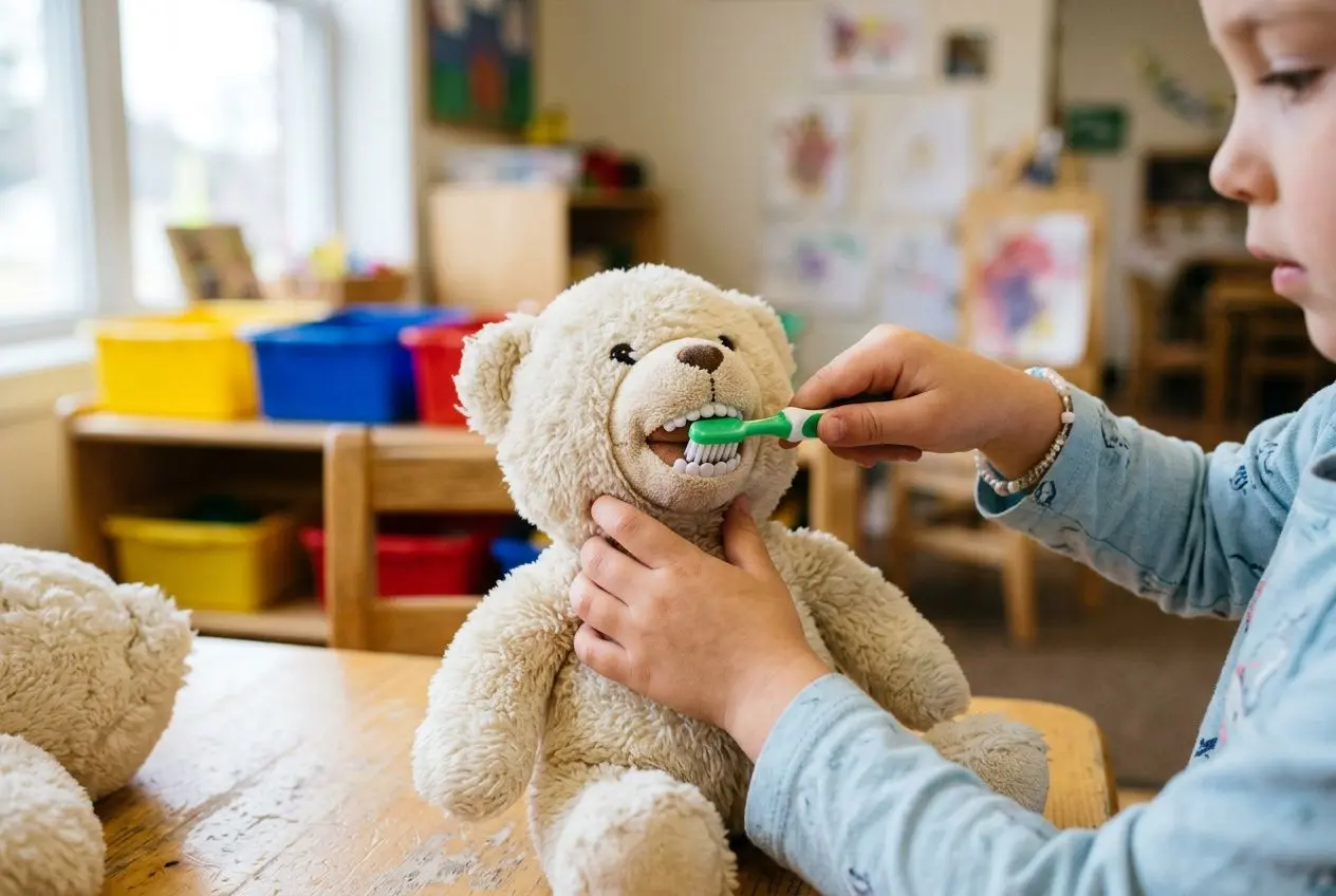 Petite fille brossant les dents d'un nounours en peluche lors d'une activité d'hygiène bucco-dentaire maternelle dans une salle de classe.