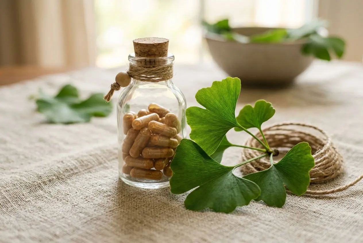Petites capsules dans un flacon avec des feuilles de ginkgo et un fond neutre, illustration naturelle des 5 plantes pour stimuler la mémoire et la concentration