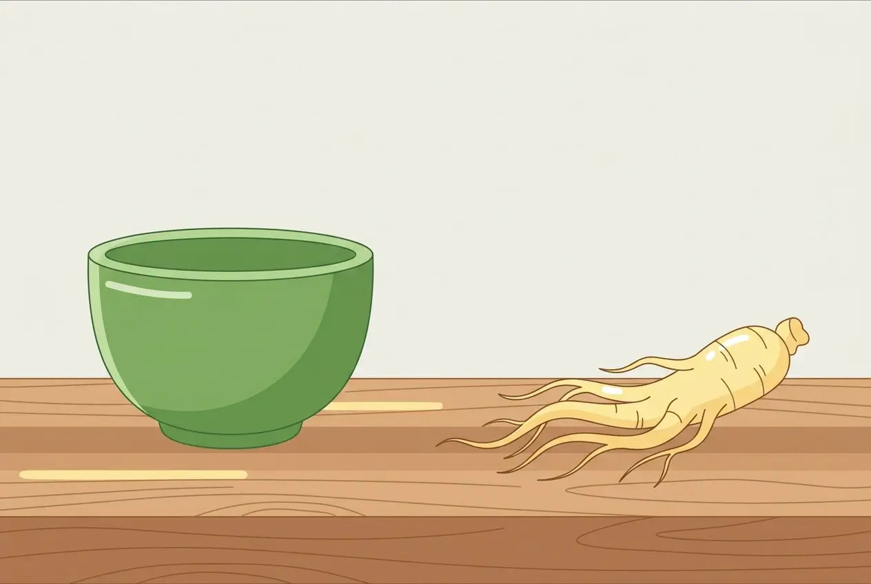 Riz et racine fraîche: une grande coupe verte à côté d’une racine fraîche sur une planche en bois, prête pour infusion. 5 plantes pour stimuler la mémoire et la concentration
