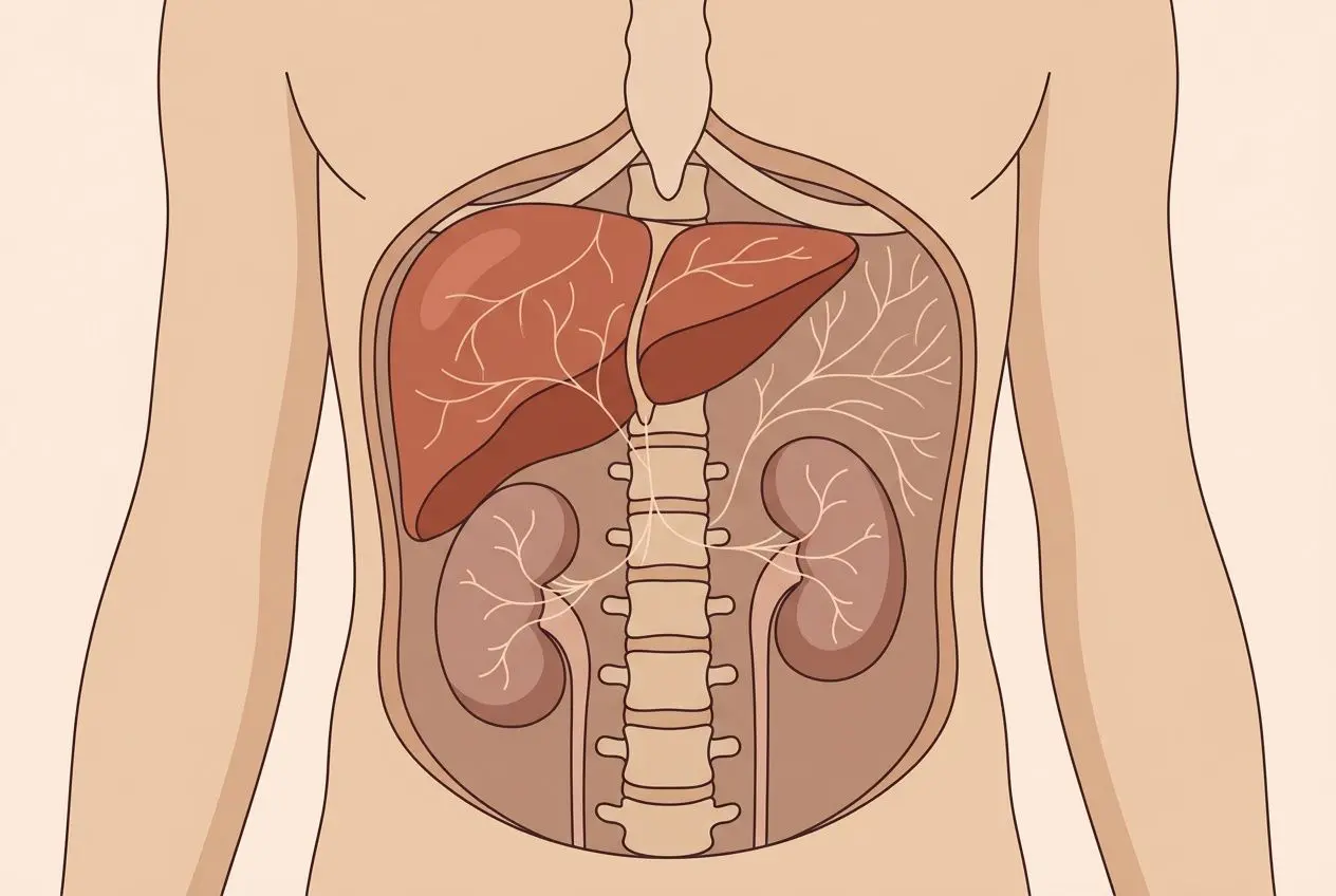 Schéma anatomique du tronc montrant le foie et les reins, selon une vue frontale, pour illustrer les différents systèmes impliqués dans les 4 types de vieillissement.