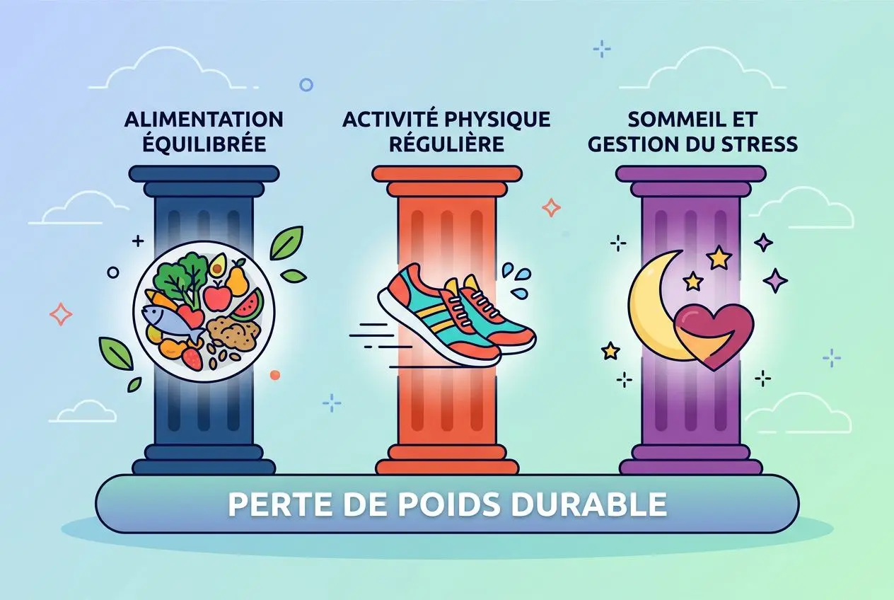 Trois colonnes symbolisant l’alimentation équilibrée, l’activité physique régulière et le sommeil/gestion du stress, avec une base indiquant « perte de poids durable ». intégration du conseil nutrition perte de poids de manière fluide.