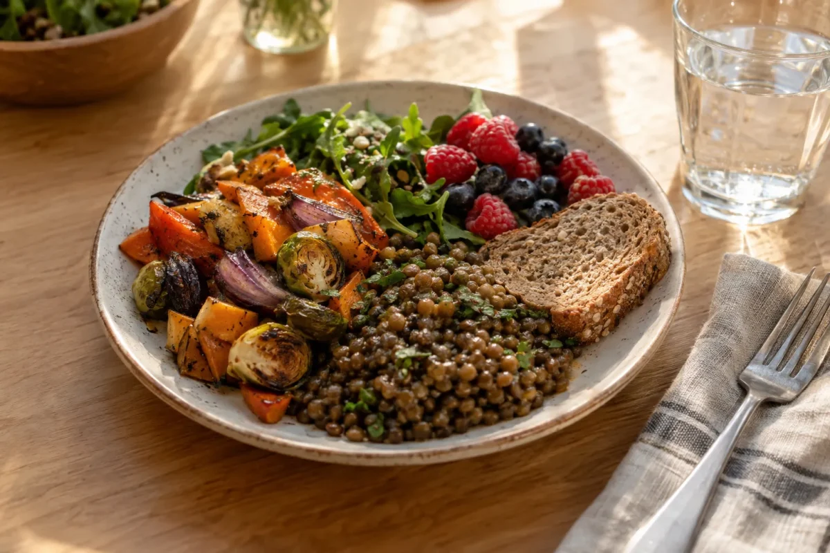 Assiette composée de légumes rôtis, lentilles, salade et fruits rouges avec une tranche de pain sur une table en bois.