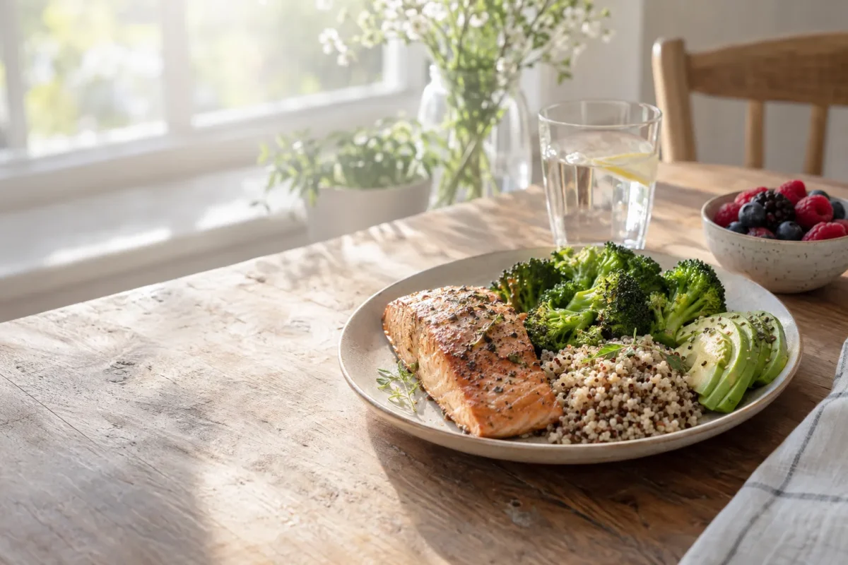 Assiette équilibrée avec saumon, quinoa et légumes (brocoli, avocat), verre d’eau et fruits rouges en arrière-plan, repas sain pour rester en forme enceinte.