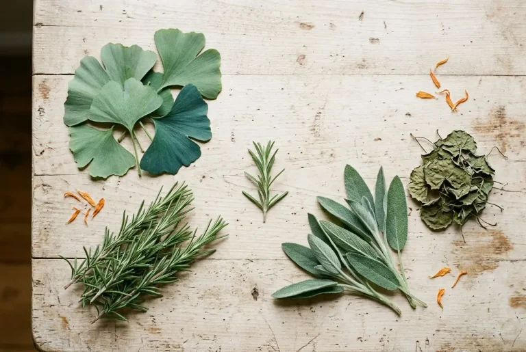 Assortiment d’herbes et feuilles séchées sur bois: ginkgo, romarin, sauge, thym et feuilles deurier, scène naturelle. astuce de grand-mère pour avoir une bonne mémoire intégrée.