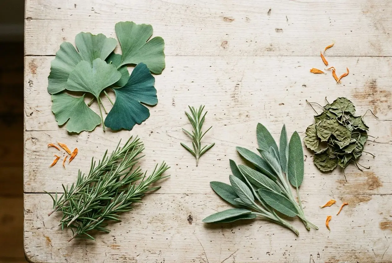 Assortiment d’herbes et feuilles séchées sur bois: ginkgo, romarin, sauge, thym et feuilles deurier, scène naturelle. astuce de grand-mère pour avoir une bonne mémoire intégrée.