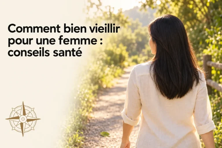 Comment bien vieillir pour une femme : conseils santé, femme marchant en nature, vue arrière, soleil et chemin fléchi, ambiance sereine.