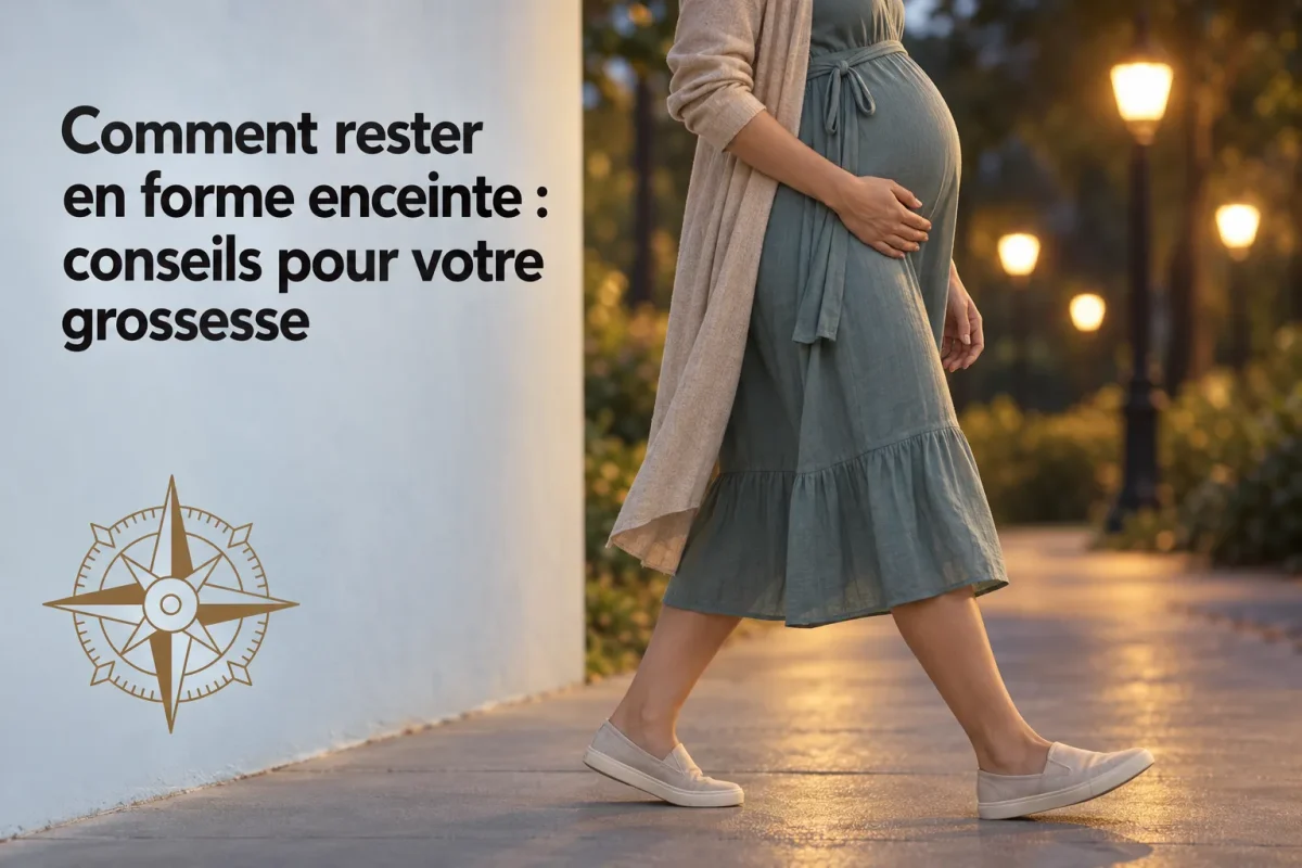 Comment rester en forme enceinte : conseils pour votre grossesse : femme enceinte marchant, ventre rond, robe bleue, chaussures plates, décor urbain lumineux le soir.