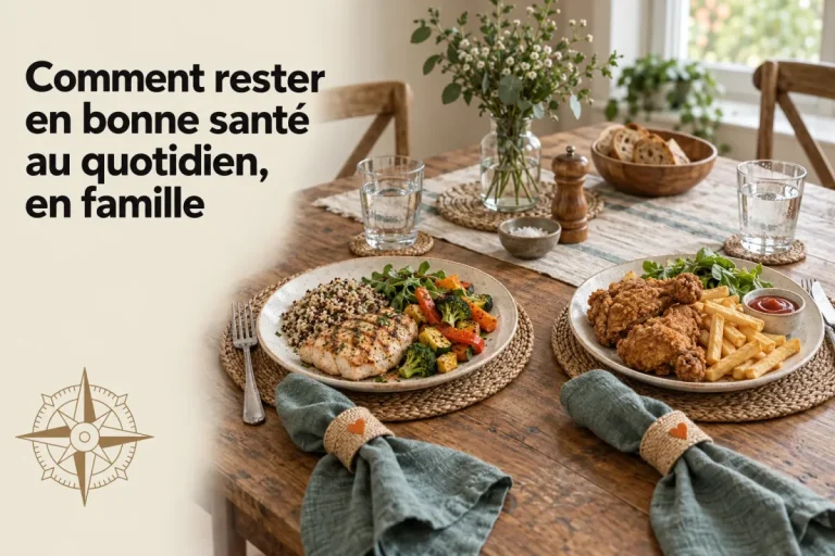 Deux assiettes garnies de légumes et protéines posées sur une table en bois, entourées de verres d’eau et de pain, prêtées à