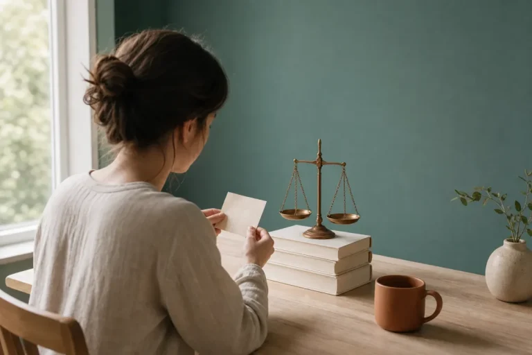 Femme assise à un bureau, lit un petit souvenir ou note près d’une balance et de livres, symbole d’équilibre. citation équilibre vie professionnelle et personnelle.