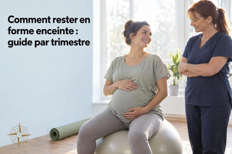 Femme enceinte assise sur un ballon de fitness, souriante, discutant avec une professionnelle de santé debout à ses côtés