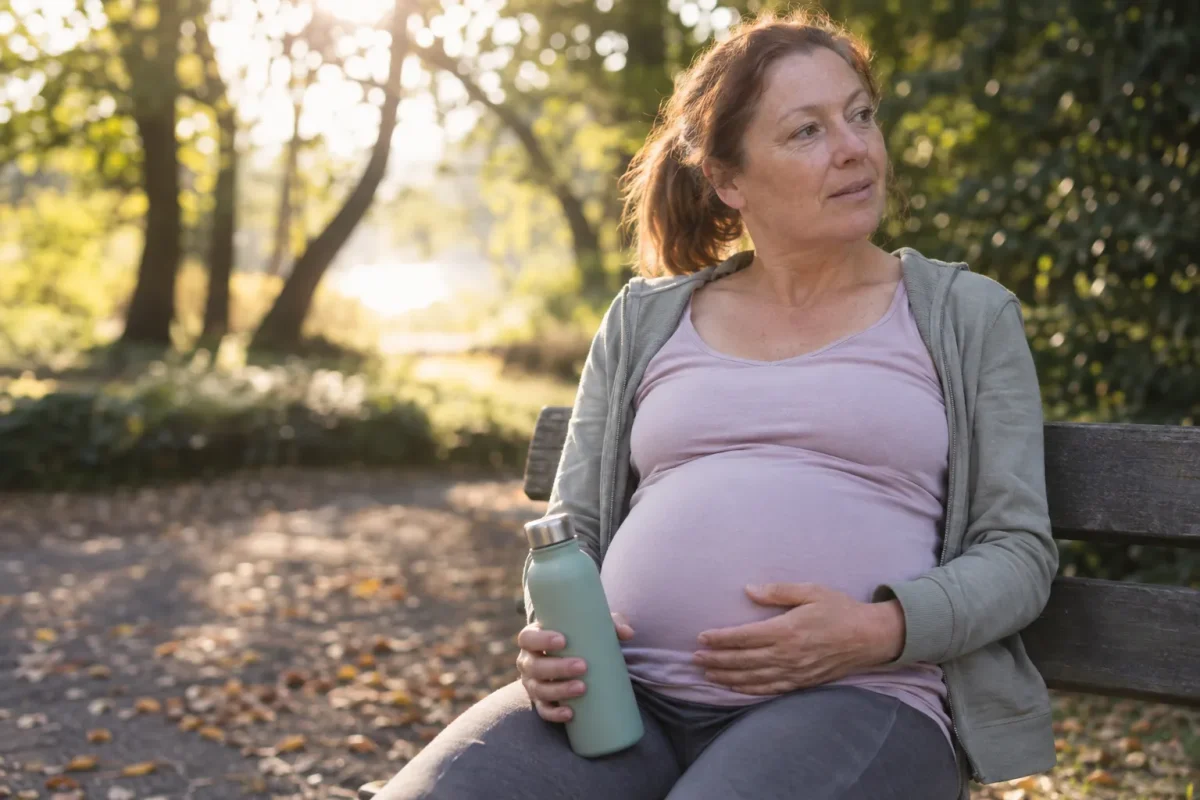 Femme enceinte assise sur un banc dans un parc, tenant une gourde et posant une main sur son ventre.