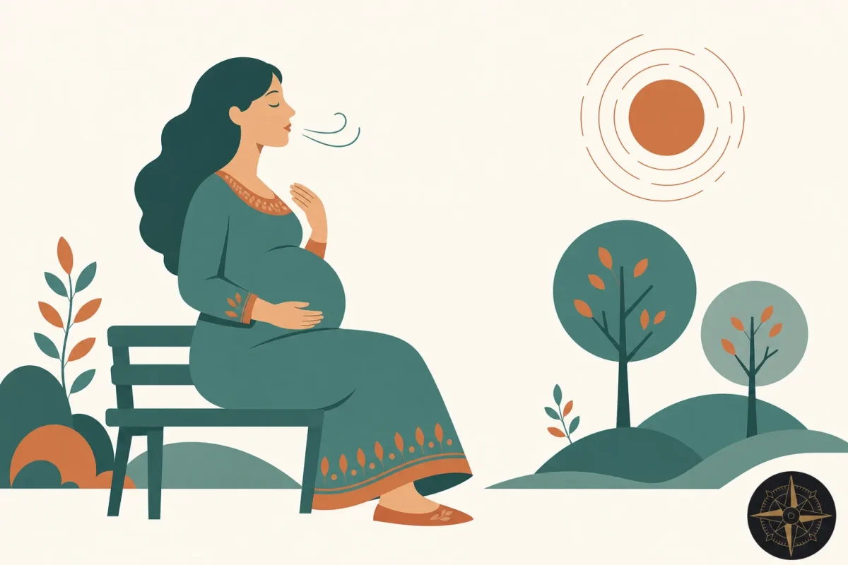 Femme enceinte assise sur un banc, se tenant le ventre et soufflant, paysage stylisé avec soleil et végétation autour. colère et grossesse intégrée dans la description.